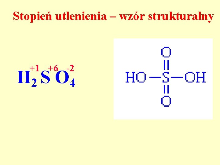 Stopień utlenienia – wzór strukturalny +1 +6 -2 H 2 S O 4 