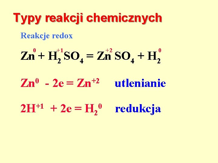 Typy reakcji chemicznych Reakcje redox 0 +1 +2 0 Zn + H 2 SO