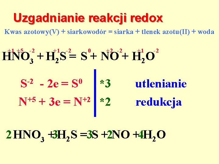 Uzgadnianie reakcji redox Kwas azotowy(V) + siarkowodór = siarka + tlenek azotu(II) + woda