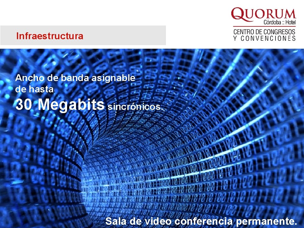 Infraestructura Ancho de banda asignable de hasta 30 Megabits sincrónicos. Sala de video conferencia