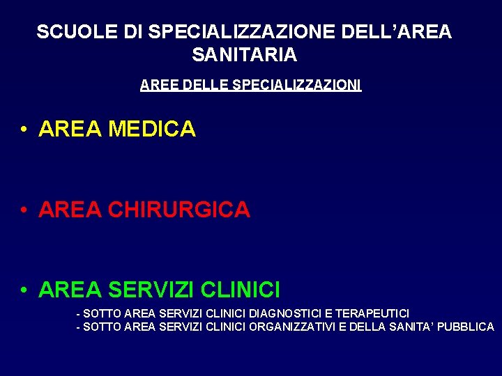 SCUOLE DI SPECIALIZZAZIONE DELL’AREA SANITARIA AREE DELLE SPECIALIZZAZIONI • AREA MEDICA • AREA CHIRURGICA