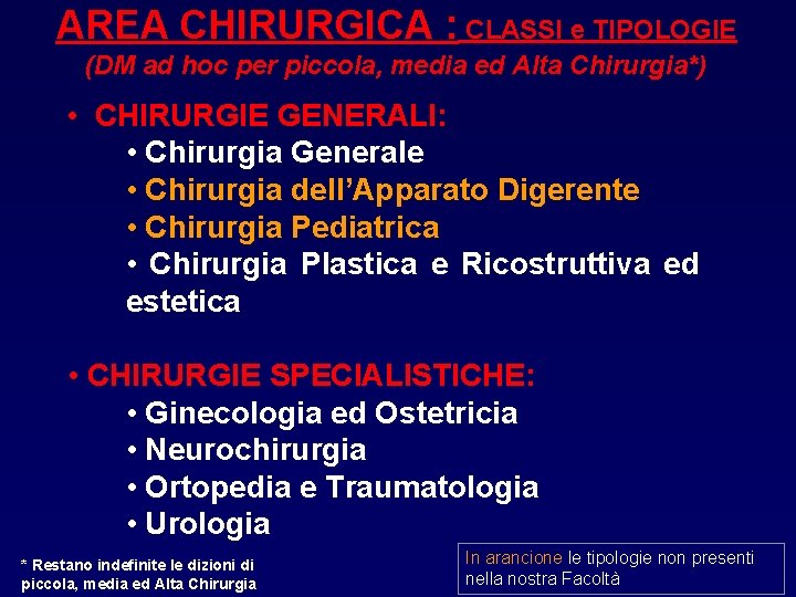 AREA CHIRURGICA : CLASSI e TIPOLOGIE (DM ad hoc per piccola, media ed Alta