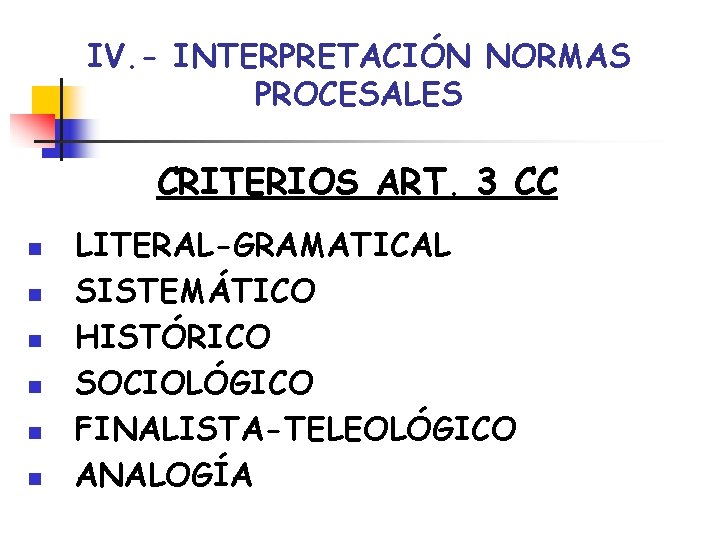 IV. - INTERPRETACIÓN NORMAS PROCESALES CRITERIOS ART. 3 CC n n n LITERAL-GRAMATICAL SISTEMÁTICO