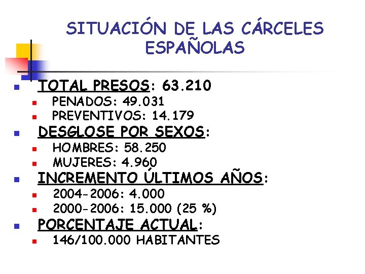 SITUACIÓN DE LAS CÁRCELES ESPAÑOLAS TOTAL PRESOS: 63. 210 n n n PENADOS: 49.