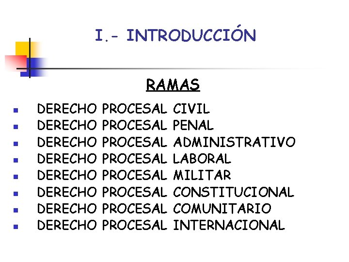 I. - INTRODUCCIÓN RAMAS n n n n DERECHO DERECHO PROCESAL PROCESAL CIVIL PENAL