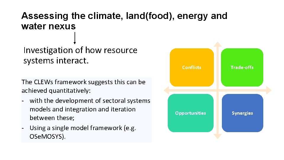 Assessing the climate, land(food), energy and water nexus Investigation of how resource systems interact.