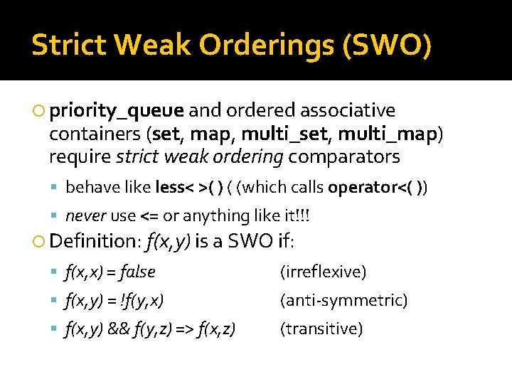 Strict Weak Orderings (SWO) priority_queue and ordered associative containers (set, map, multi_set, multi_map) require