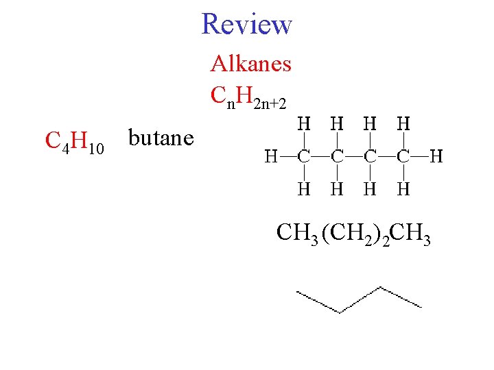 Review Alkanes Cn. H 2 n+2 butane C 4 H 10 a) ethane b)