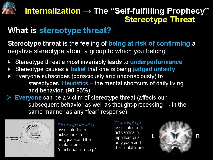 Internalization → The “Self-fulfilling Prophecy” Stereotype Threat What is stereotype threat? Stereotype threat is