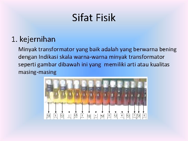 Sifat Fisik 1. kejernihan Minyak transformator yang baik adalah yang berwarna bening dengan Indikasi