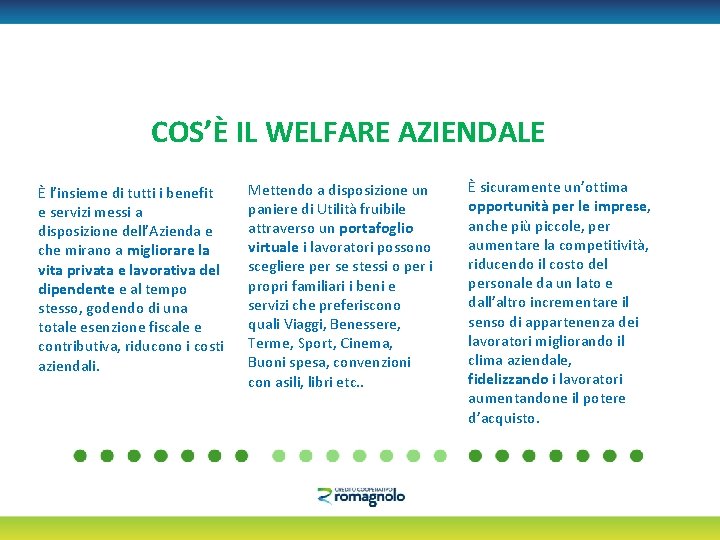 COS’È IL WELFARE AZIENDALE È l’insieme di tutti i benefit e servizi messi a