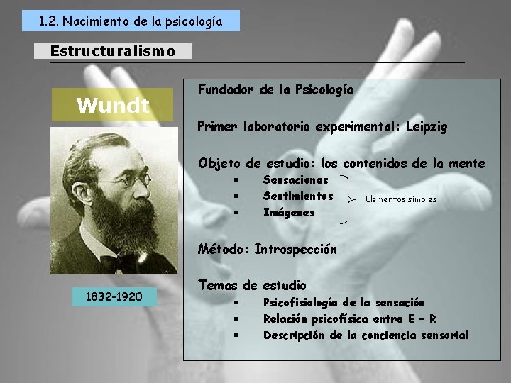 1. 2. Nacimiento de la psicología Estructuralismo Wundt Fundador de la Psicología Primer laboratorio