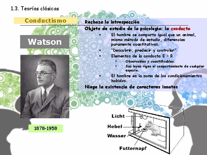 1. 3. Teorías clásicas Conductismo Watson Rechaza la introspección Objeto de estudio de la