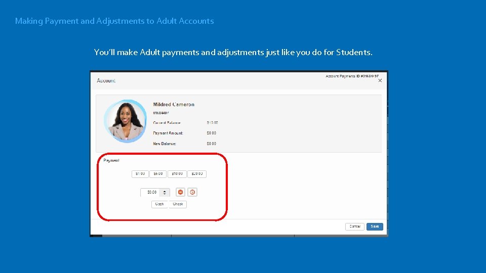 Making Payment and Adjustments to Adult Accounts You’ll make Adult payments and adjustments just