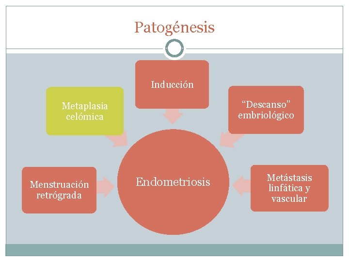 Patogénesis Inducción “Descanso” embriológico Metaplasia celómica Menstruación retrógrada Endometriosis Metástasis linfática y vascular 