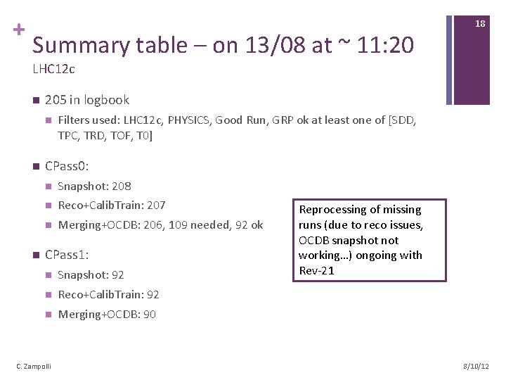 + Summary table – on 13/08 at ~ 11: 20 18 LHC 12 c