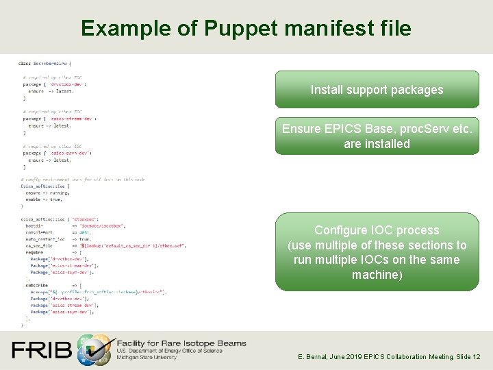 Example of Puppet manifest file Install support packages Ensure EPICS Base, proc. Serv etc.