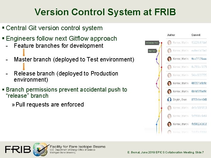 Version Control System at FRIB § Central Git version control system § Engineers follow