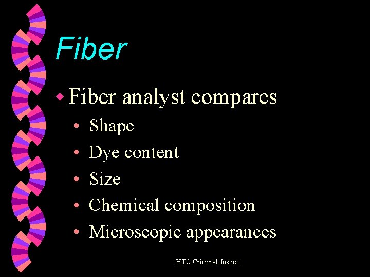 Fiber w Fiber • • • analyst compares Shape Dye content Size Chemical composition