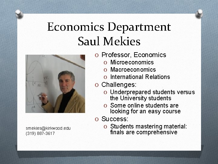 Economics Department Saul Mekies smekies@kirkwood. edu (319) 887 -3617 O Professor, Economics O Microeconomics