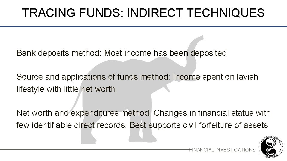 TRACING FUNDS: INDIRECT TECHNIQUES Bank deposits method: Most income has been deposited Source and