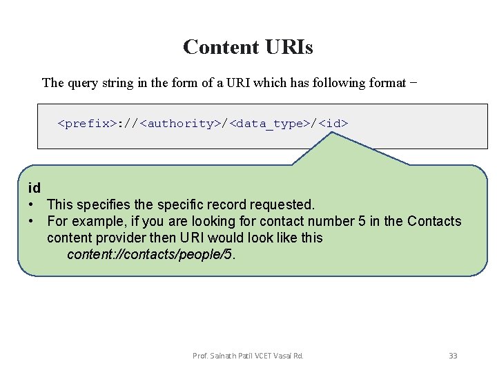 Content URIs The query string in the form of a URI which has following