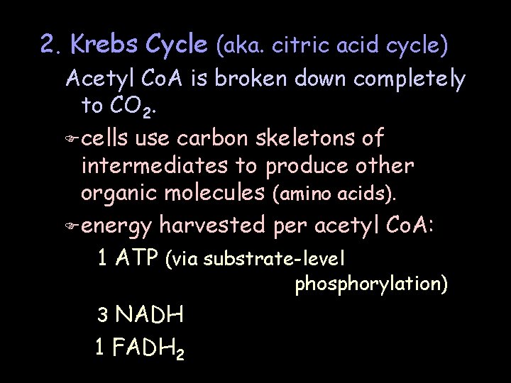 2. Krebs Cycle (aka. citric acid cycle) Acetyl Co. A is broken down completely