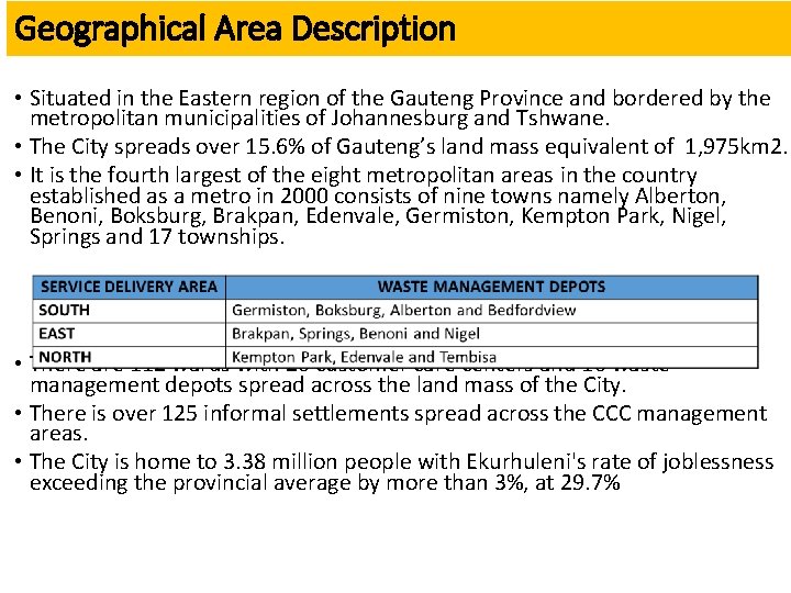 Geographical Area Description • Situated in the Eastern region of the Gauteng Province and