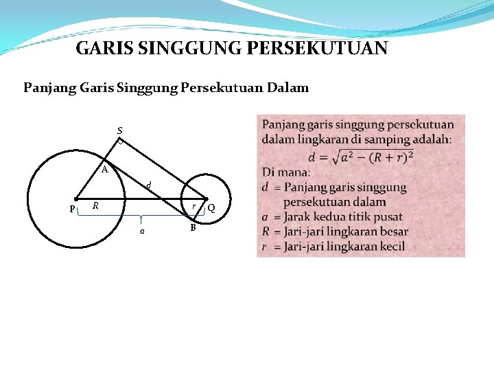 GARIS SINGGUNG PERSEKUTUAN Panjang Garis Singgung Persekutuan Dalam S A d P r R