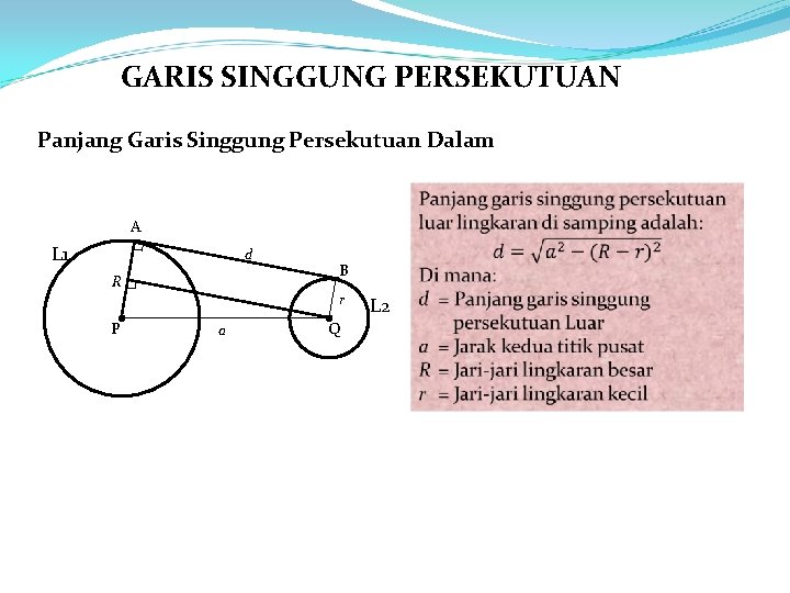 GARIS SINGGUNG PERSEKUTUAN Panjang Garis Singgung Persekutuan Dalam A L 1 d R P