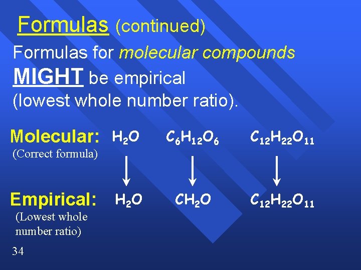 Formulas (continued) Formulas for molecular compounds MIGHT be empirical (lowest whole number ratio). Molecular: