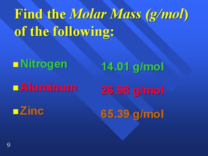 Find the Molar Mass (g/mol) of the following: 9 n Nitrogen 14. 01 g/mol