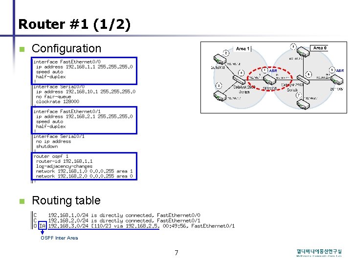 Router #1 (1/2) n Configuration n Routing table OSPF Inter Area 7 