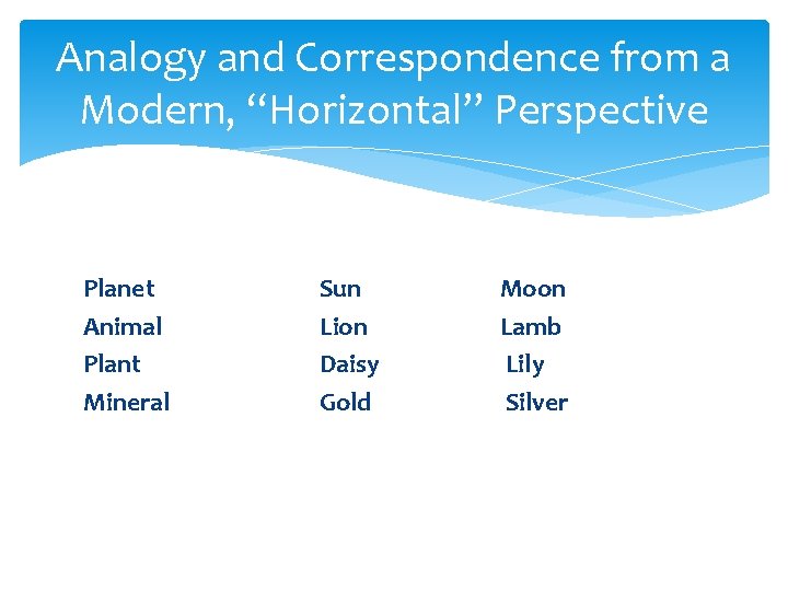 Analogy and Correspondence from a Modern, “Horizontal” Perspective Planet Animal Plant Mineral Sun Lion