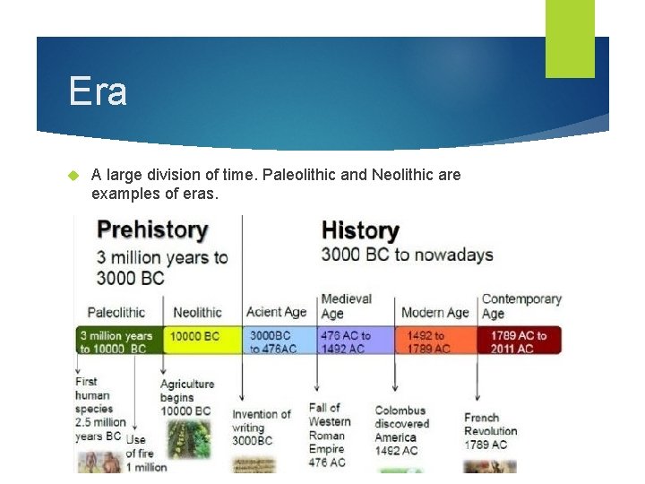 Era A large division of time. Paleolithic and Neolithic are examples of eras. 