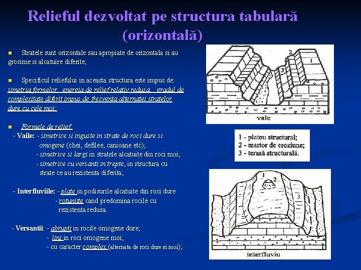 Relieful dezvoltat pe structura tabulară (orizontală) Stratele sunt orizontale sau apropiate de orizontala si