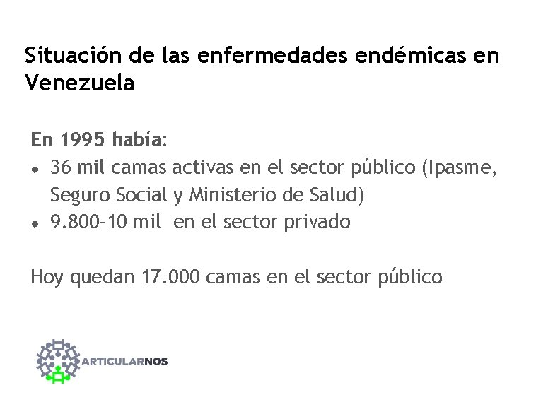 Situación de las enfermedades endémicas en Venezuela En 1995 había: ● 36 mil camas