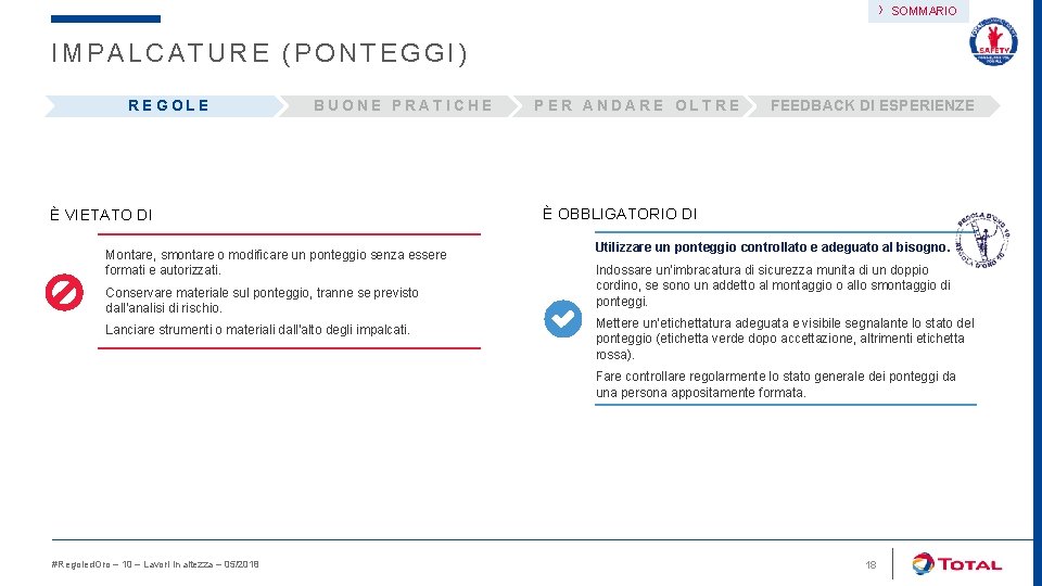 › SOMMARIO IMPALCATURE (PONTEGGI) REGOLE BUONE PRATICHE È VIETATO DI Montare, smontare o modificare