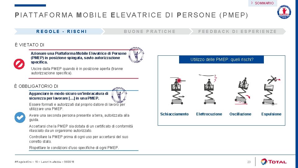 › SOMMARIO PIATTAFORMA MOBILE ELEVATRICE DI PERSONE (PMEP) REGOLE - RISCHI BUONE PRATICHE FEEDBACK