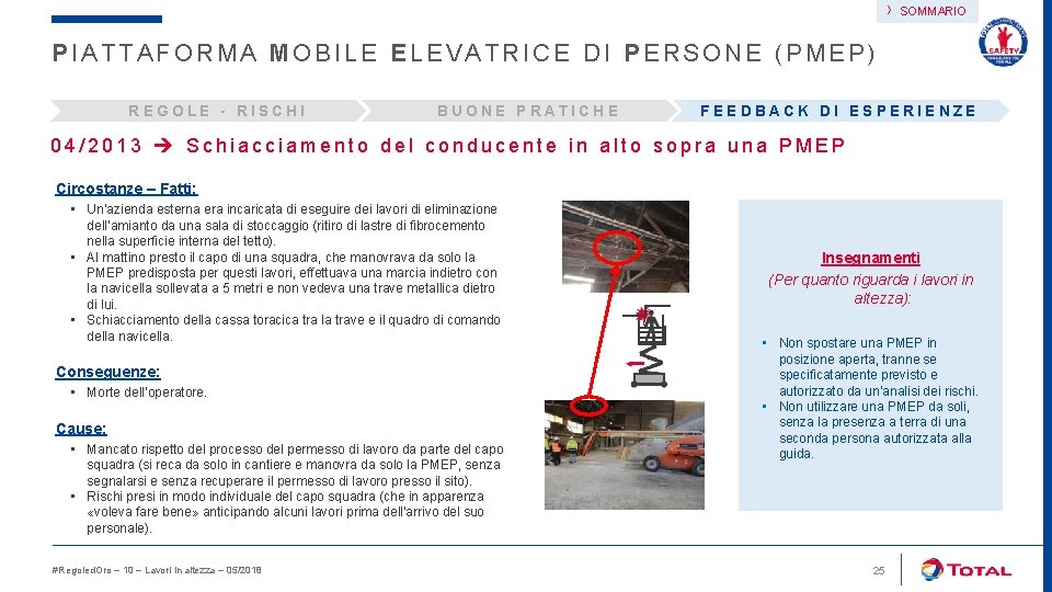 › SOMMARIO PIATTAFORMA MOBILE ELEVATRICE DI PERSONE (PMEP) REGOLE - RISCHI BUONE PRATICHE FEEDBACK