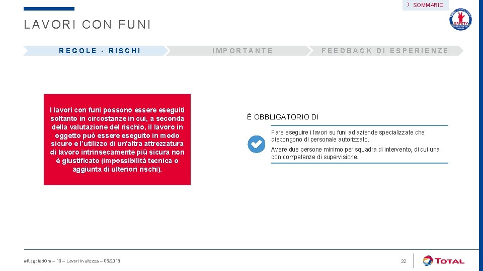 › SOMMARIO LAVORI CON FUNI REGOLE - RISCHI I lavori con funi possono essere