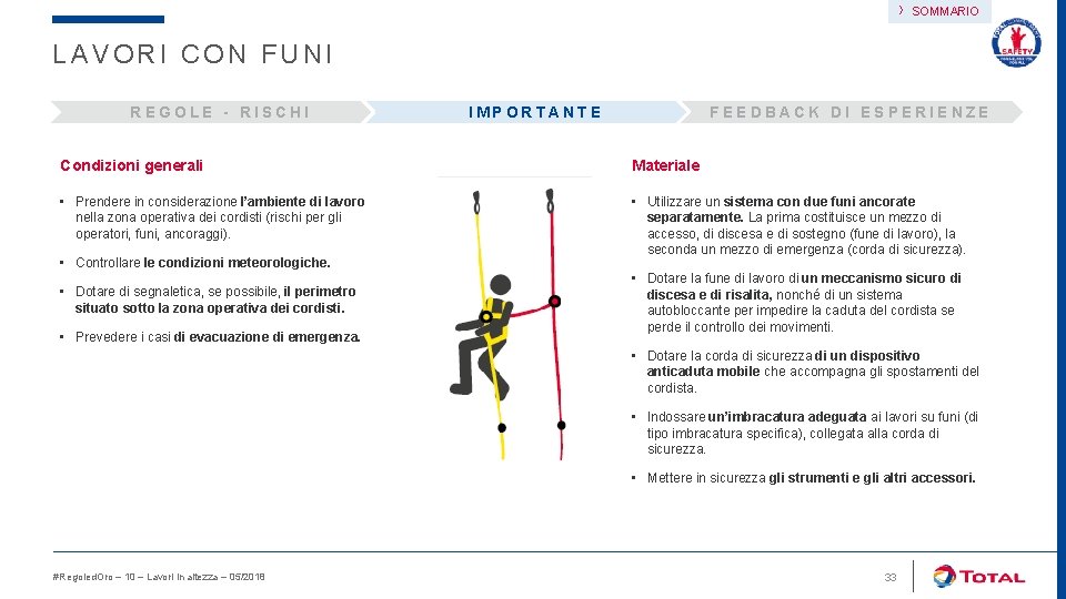 › SOMMARIO LAVORI CON FUNI REGOLE - RISCHI IMPORTANTE FEEDBACK DI ESPERIENZE Condizioni generali