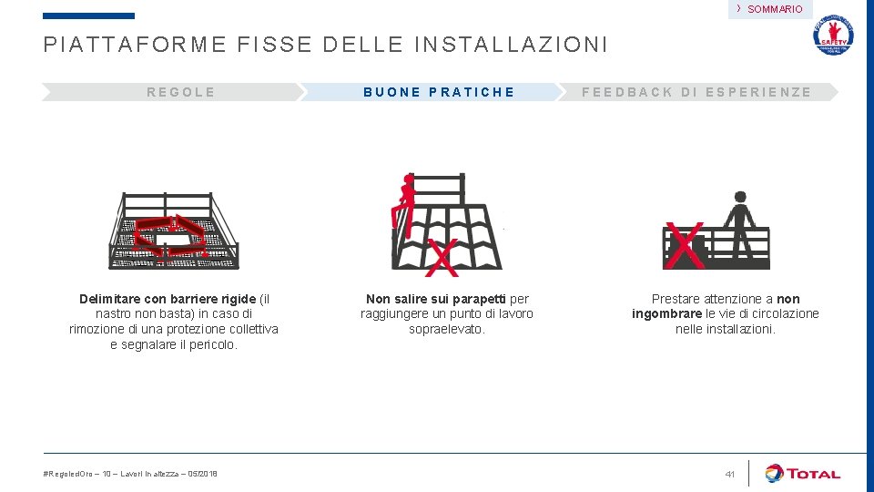 › SOMMARIO PIATTAFORME FISSE DELLE INSTALLAZIONI REGOLE Delimitare con barriere rigide (il nastro non