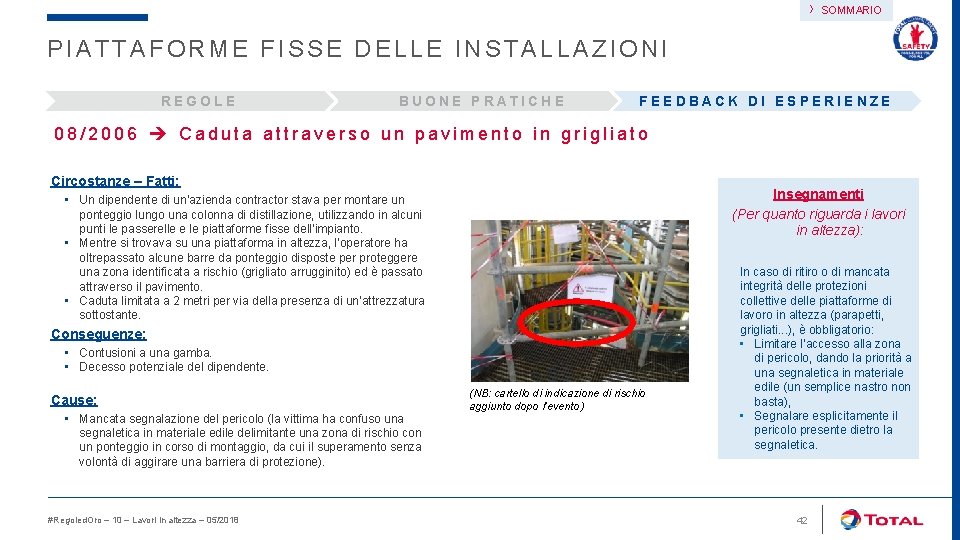 › SOMMARIO PIATTAFORME FISSE DELLE INSTALLAZIONI REGOLE BUONE PRATICHE FEEDBACK DI ESPERIENZE 08/2006 Caduta