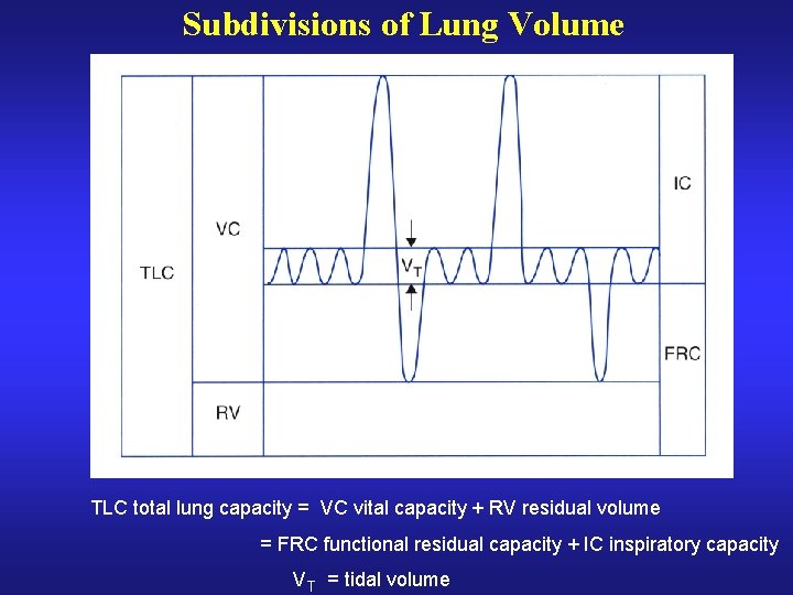 Subdivisions of Lung Volume TLC total lung capacity = VC vital capacity + RV