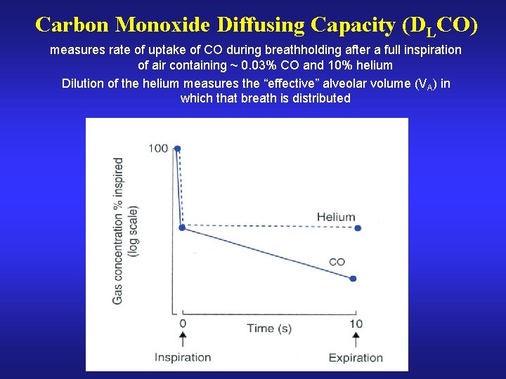 Carbon Monoxide Diffusing Capacity (DLCO) measures rate of uptake of CO during breathholding after