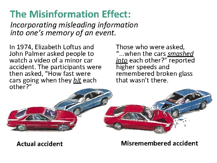 The Misinformation Effect: Incorporating misleading information into one’s memory of an event. In 1974,