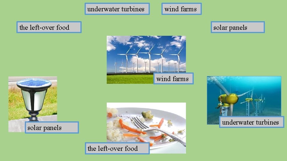 underwater turbines wind farms the left-over food solar panels wind farms underwater turbines solar
