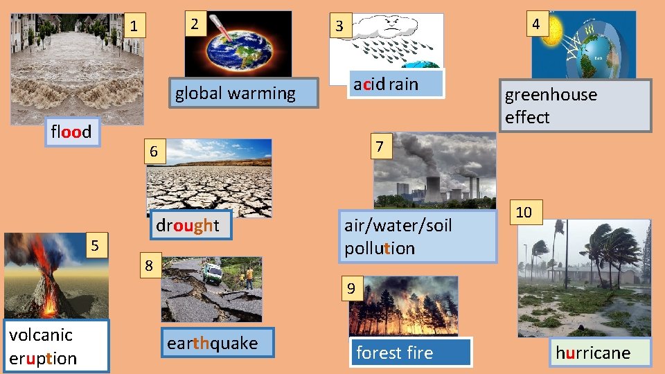 2 1 global warming flood 5 4 3 acid rain greenhouse effect 7 6