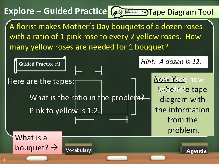 Explore – Guided Practice Tape Diagram Tool A florist makes Mother’s Day bouquets of